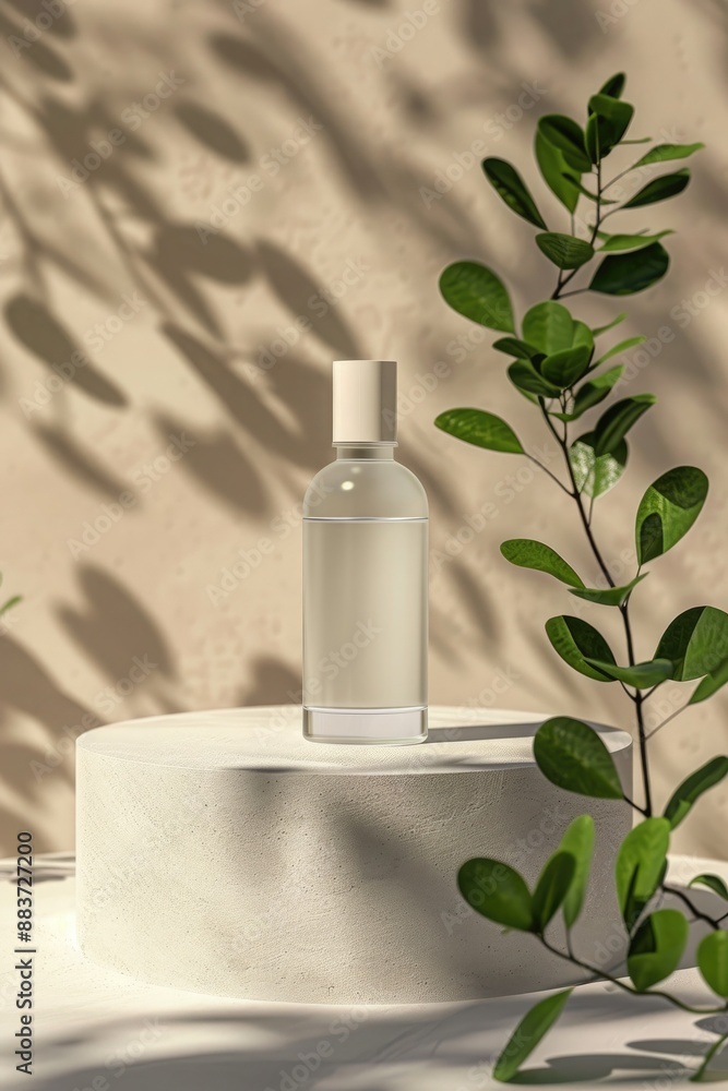 Minimal cosmetic product display podium with eucalyptus leaves Minimal cosmetic product display podium with eucalyptus leaves