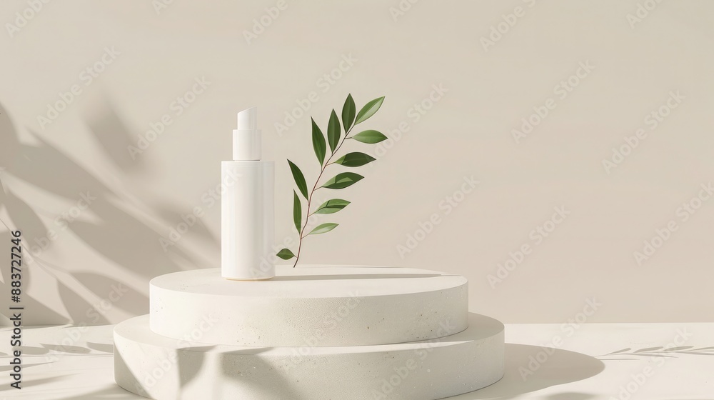 Minimal cosmetic product display podium with eucalyptus leaves Minimal cosmetic product display podium with eucalyptus leaves
