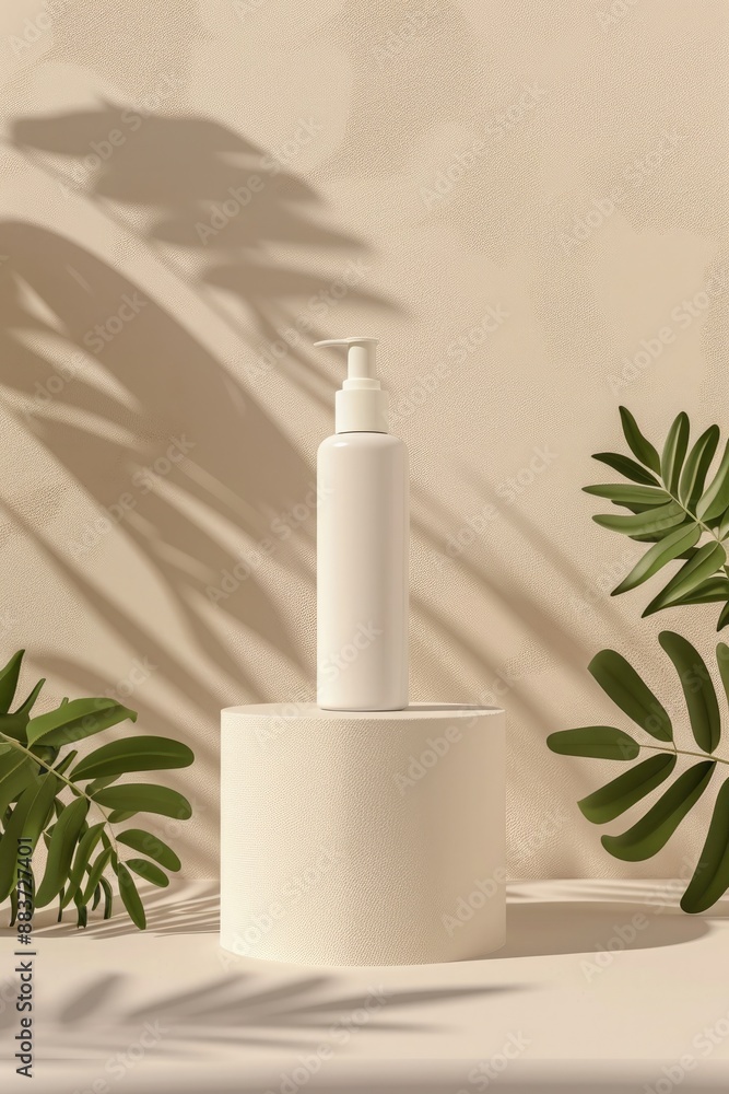 Minimal cosmetic product display podium with eucalyptus leaves Minimal cosmetic product display podium with eucalyptus leaves