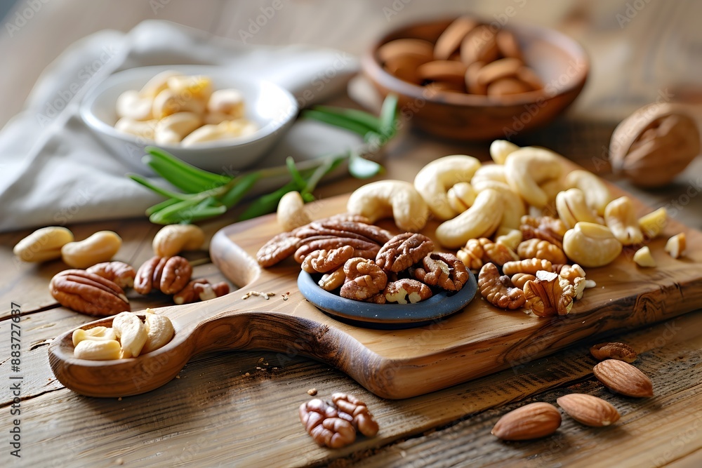 Assortment of Nuts and Ingredients on Wooden Board for Culinary Recipes Assortment of Nuts and Ingredients on Wooden Board for Culinary Recipes