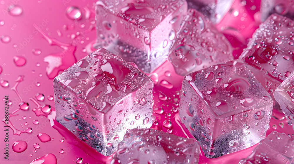 Close-up shot of crystal-clear ice cubes with glistening water drops against a vibrant pink background Close-up shot of crystal-clear ice cubes with glistening water drops against a vibrant pink background