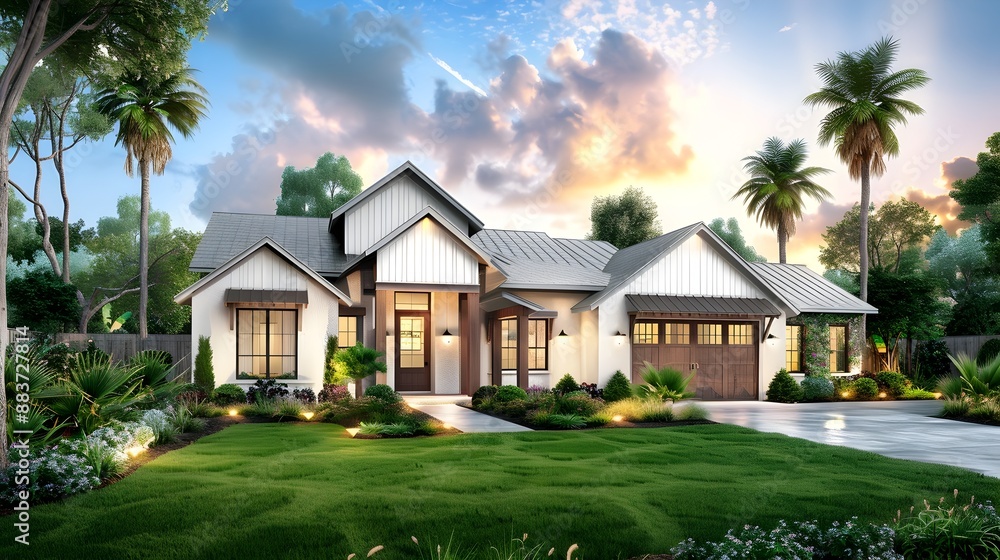 Rustic Suburban Home with Wood Siding and Lush Landscaping at Sunset Rustic Suburban Home with Wood Siding and Lush Landscaping at Sunset
