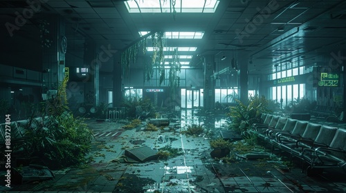 An abandoned airport terminal with Cult Party Kei characters, broken glass, and soft lighting photo