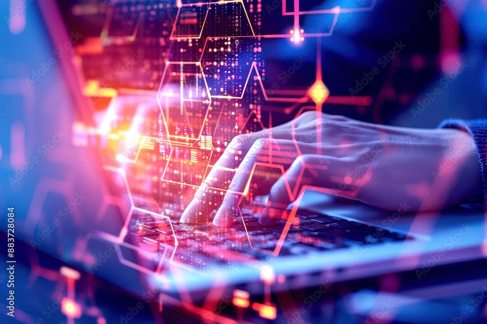Closeup of a researcher typing on a laptop, highresolution, online data charts and cloud computing icons in the background, photorealistic, detailed and vibrant Closeup of a researcher typing on a laptop, highresolution, online data charts and cloud computing icons in the background, photorealistic, detailed and vibrant