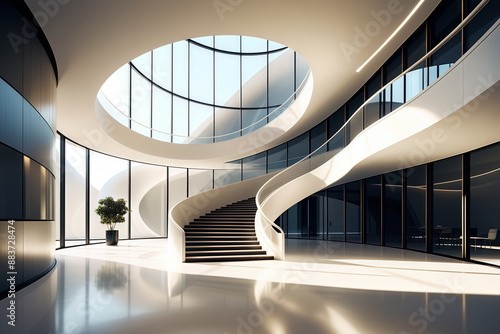 Modern curved architecture interior space decoration scene 3D rendering