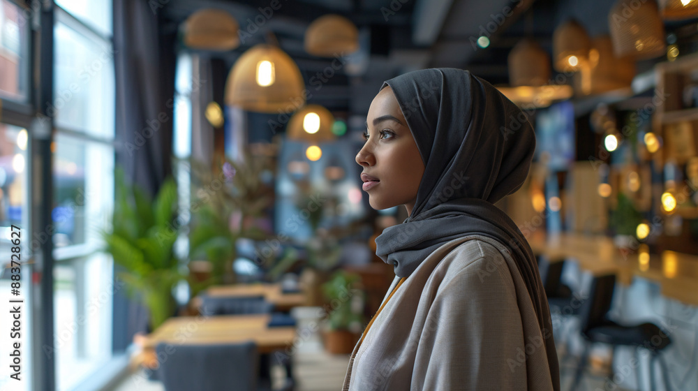 Side pose Black Muslim woman in modern office, concept of Muslim woman liberty in Islam, poster, flyer, ad, banner Side pose Black Muslim woman in modern office, concept of Muslim woman liberty in Islam, poster, flyer, ad, banner