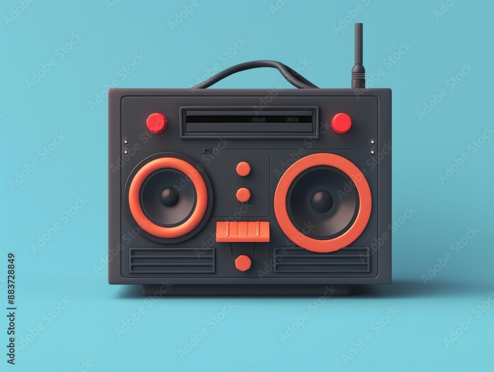 Fototapeta premium Retro-style black boombox with red accents and an antenna against a bright blue background.