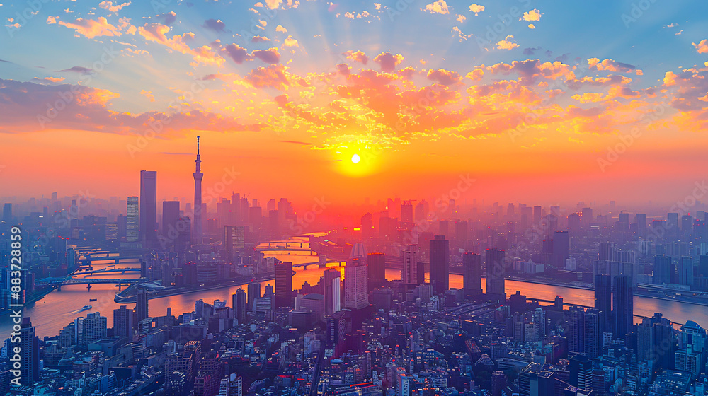 Obraz premium Golden Hour Glow Over City: Stunning Sunset Cityscape with Illuminated Buildings and Clear Sky