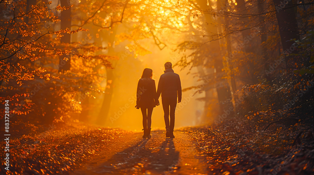 Serene Couple Walking Hand in Hand Through Enchanted Forest with Sunlight Filtering Through Trees Serene Couple Walking Hand in Hand Through Enchanted Forest with Sunlight Filtering Through Trees