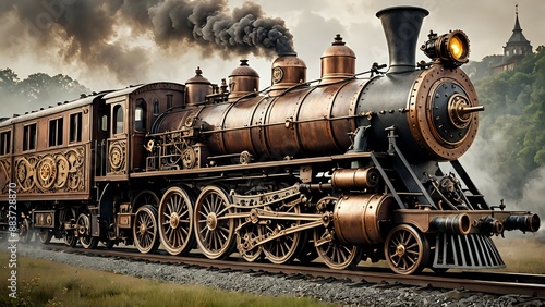 Vintage steam locomotive, black smoke, train tracks, old-fashioned, steampunk, fantasy.