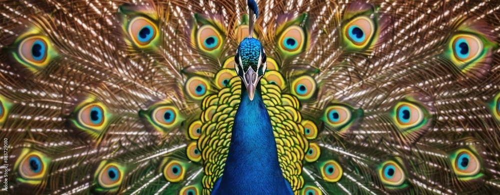 Obraz premium Vibrant close up of colorful spots on a peacock's feathers, showcasing nature's beauty and artistry in wildlife wildlife travel photography