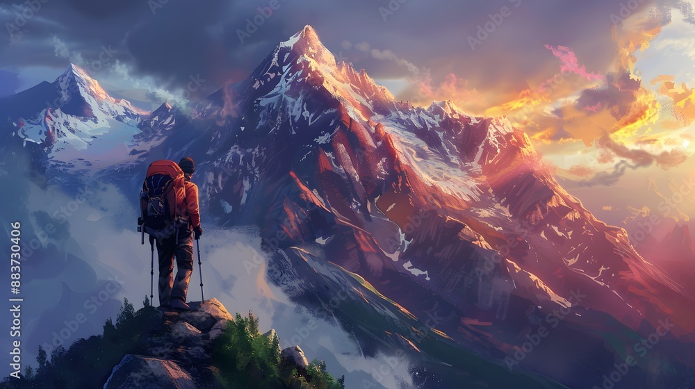 Tourist man hiker on top of the mountain. Active life concept. Tourist man hiker on top of the mountain. Active life concept.
