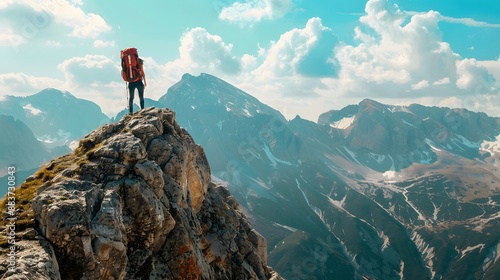 Tourist man hiker on top of the mountain. Active life concept. 