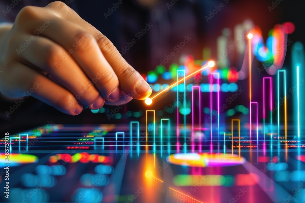 Data Analysis, Hand touching neon bar charts, Financial Insights Data Analysis, Hand touching neon bar charts, Financial Insights