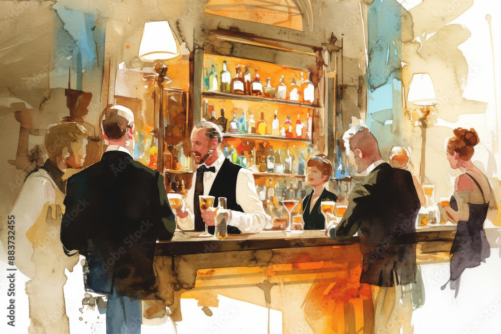Elegant Watercolor Painting of People Enjoying Drinks at a Sophisticated Bar
