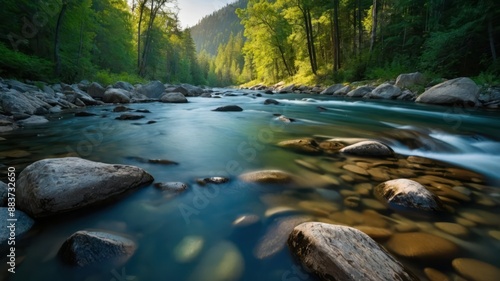 Crystal clear stream flowing through a dense forest, creating a serene and peaceful atmosphere