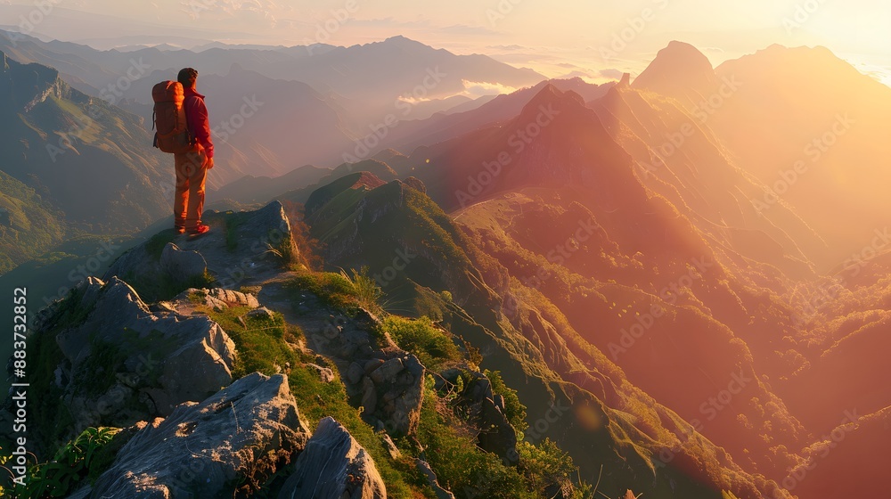 Obraz premium Tourist man hiker on top of the mountain. Active life concept. 