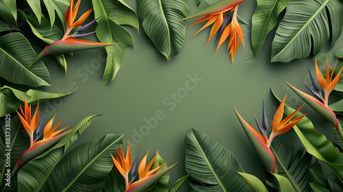 A vibrant green background is adorned with a lush frame of monstera leaves and striking bird-of-paradise flowers, creating a sense of exotic escape.