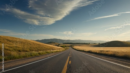 Deserted countryside road with rolling hills under a vast sky, perfect for a journey theme