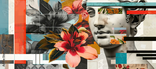 Modern Abstract Collage with Classical Sculpture and Vibrant Flowers