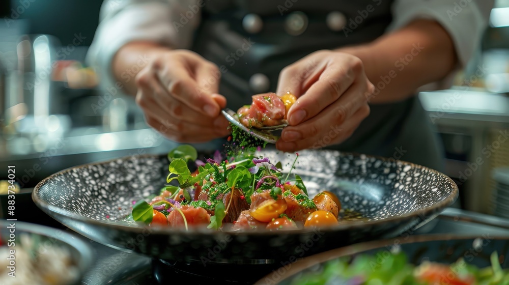 A chef is preparing a dish with a black bowl and a spoon A chef is preparing a dish with a black bowl and a spoon