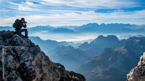 Wallpaper Mural Tourist man hiker on top of the mountain. Active life concept.  Torontodigital.ca