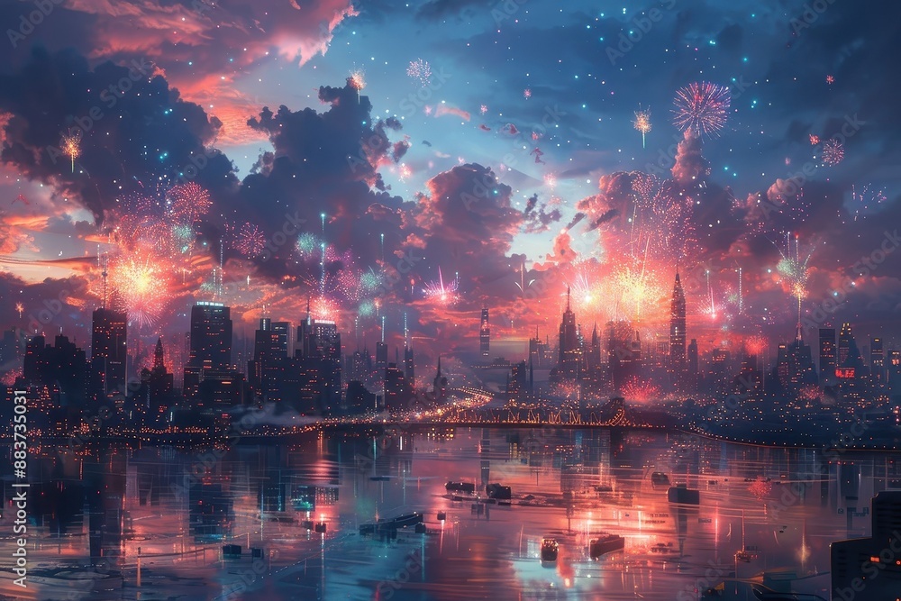 Cityscape at night with fireworks celebrating the new year 2025. Cityscape at night with fireworks celebrating the new year 2025.