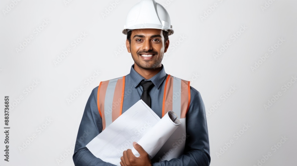 young Indian electrical engineer with a warm smile, holding a blueprint and looking thoughtfully at the camera, isolated on white background,generative ai young Indian electrical engineer with a warm smile, holding a blueprint and looking thoughtfully at the camera, isolated on white background,generative ai