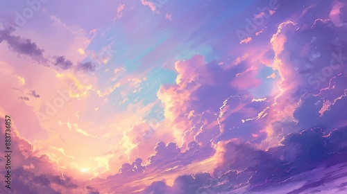 Anime Style, Dreamy Sunset Sky with Vibrant Clouds in Pink and Purple - Ideal for Inspirational Posters and Backgrounds