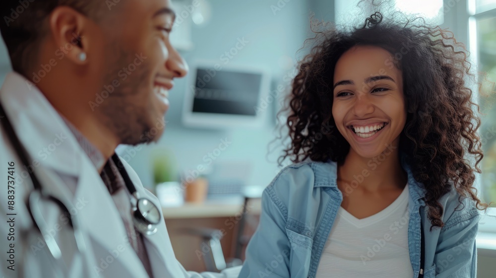 A smiling doctor and a happy patient sharing a positive interaction in medical clinic, generative ai A smiling doctor and a happy patient sharing a positive interaction in medical clinic, generative ai