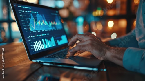 Finance manager analyzing stock market with candlestick stock market chart uptrend line and indicators on laptop screens,generative ai