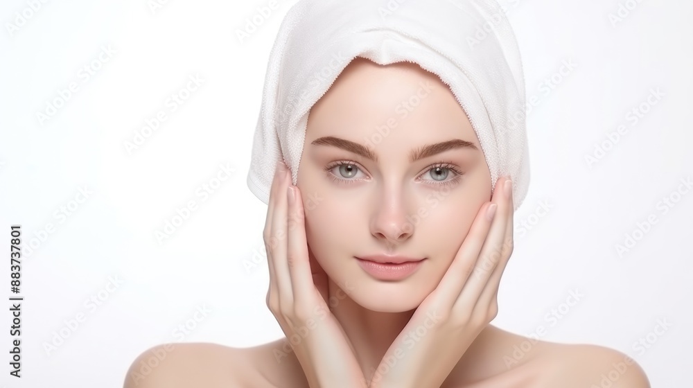 cute teen women spa healthy skin, Head towel,both hands touch cheek isolated on white background.generative ai cute teen women spa healthy skin, Head towel,both hands touch cheek isolated on white background.generative ai