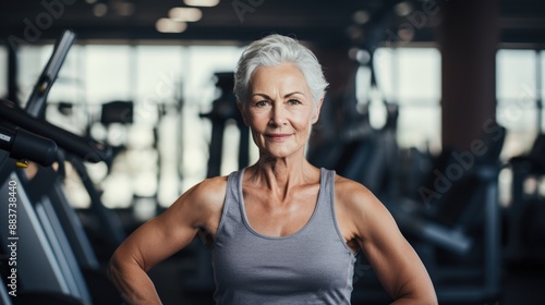 Portrait of sporty elderly woman in gym.generative ai