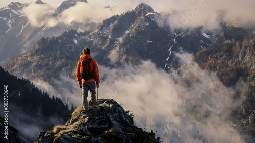 Tourist man hiker on top of the mountain. Active life concept. 