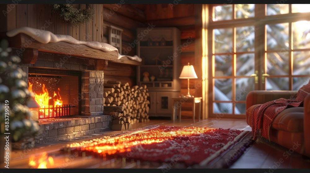 Warm sunlight illuminating cozy cabin interior Warm sunlight illuminating cozy cabin interior