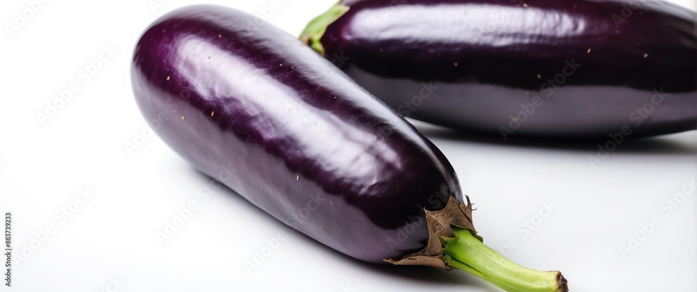 Three fresh eggplants on a white surface with a gradient purple background Three fresh eggplants on a white surface with a gradient purple background