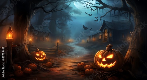 Digital artwork depicting a mysterious forest clearing on Halloween night