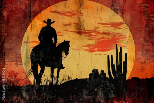 Silhouette of a cowboy on a horse riding into the sunset in the desert photo