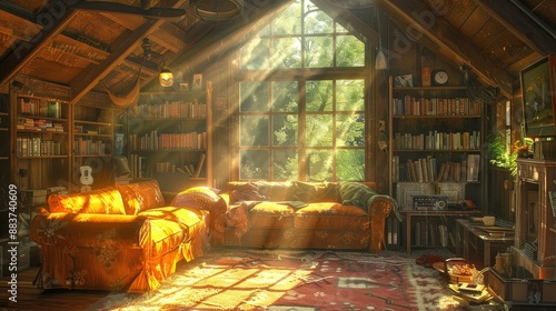 Warm sunlight illuminating cozy cabin interior