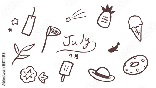 7月モチーフのかわいい手描き線画イラストセット