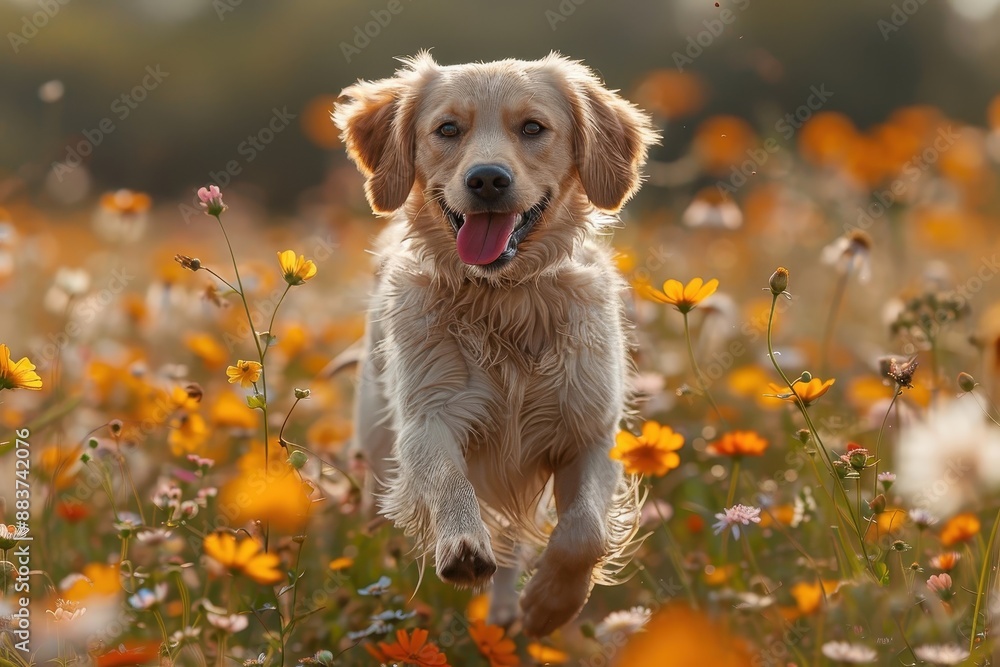 Playful dog leaping through a field of wildflowers. Playful dog leaping through a field of wildflowers.