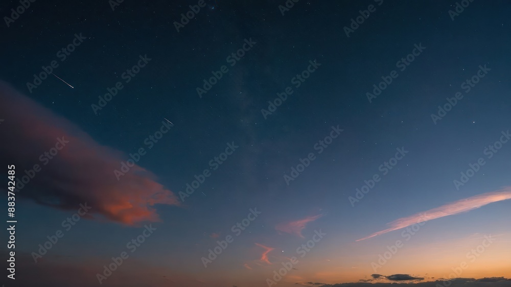 Sky at twilight with the first stars beginning to appear, including a shooting star in a serene Sky at twilight with the first stars beginning to appear, including a shooting star in a serene