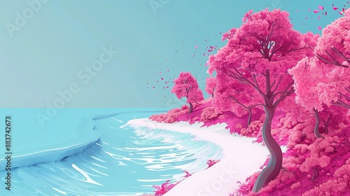 Pink hued trees and beach with blue ocean waves photo