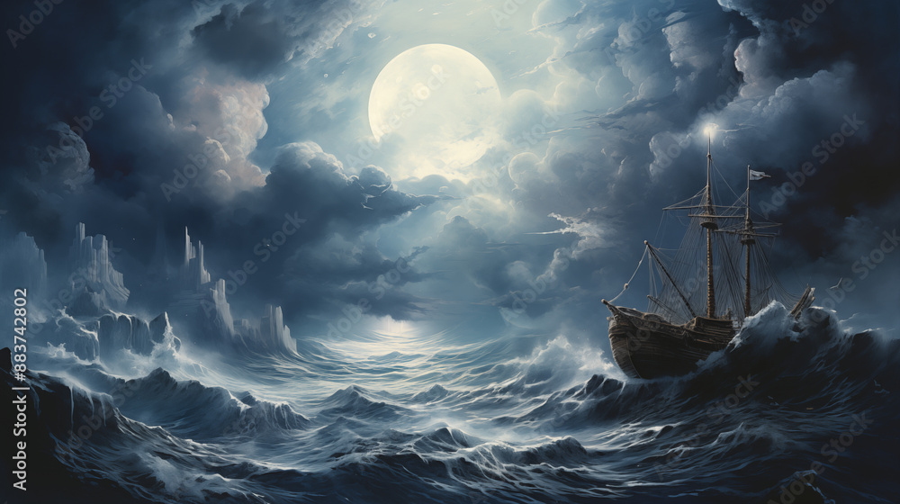 Obraz premium Tall Ship in a Storm at Sea with Ominous Skies illustration ~ Created using Generative AI