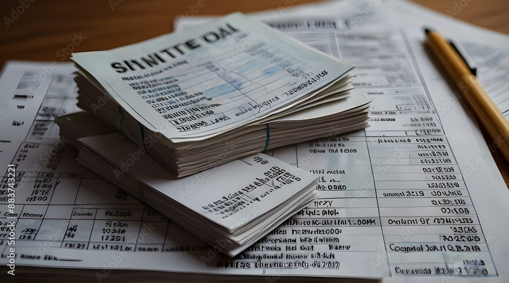 Naklejka premium A stack of bills and invoices with a payment schedule.generative.ai