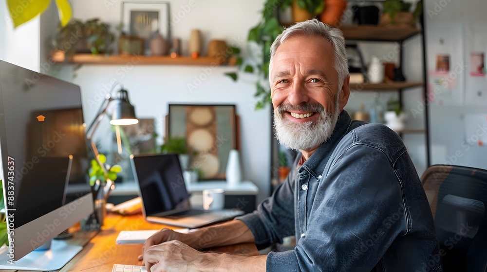 Mature man with computer smiling. Mature man with computer smiling.