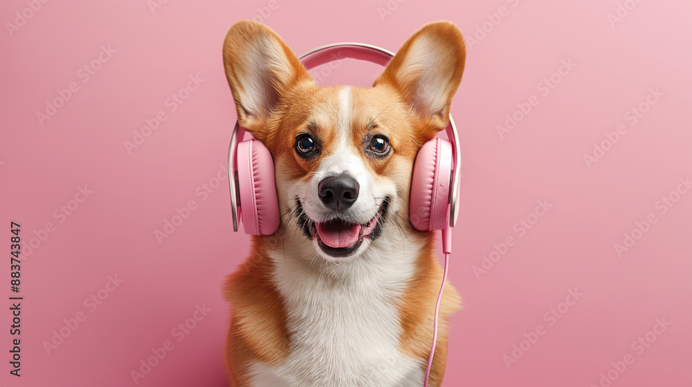 Cute Corgi dog with headphones on pink background. Travel concept Cute Corgi dog with headphones on pink background. Travel concept