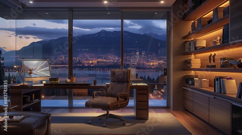 A home office with modern furniture, wooden shelves and desk overlooking the city at night