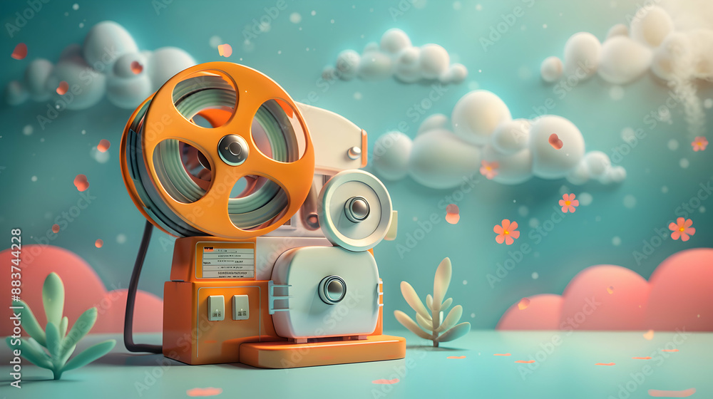 Fototapeta premium 3D Flat Icon of Slide Projector with Obsolete Certificate and Slides against Dreamy Background | Outdated Visual Technology Concept on Isolated White Background