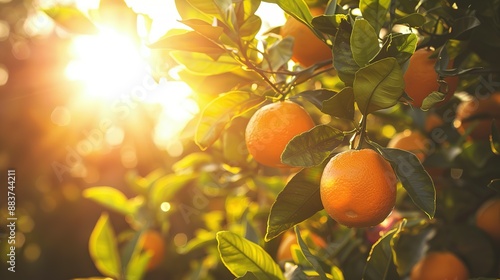 Picturesque orange orchard with ripe fruits hanging on tree branches under warm sunlight